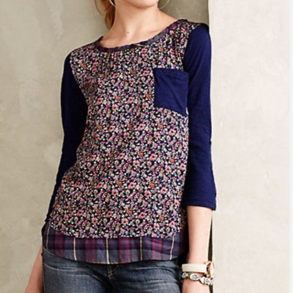 XS Anthropologie Postmark Navy Floral and Plaid Contrast Top